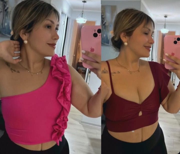 Clienta feliz con top Coincostyles
